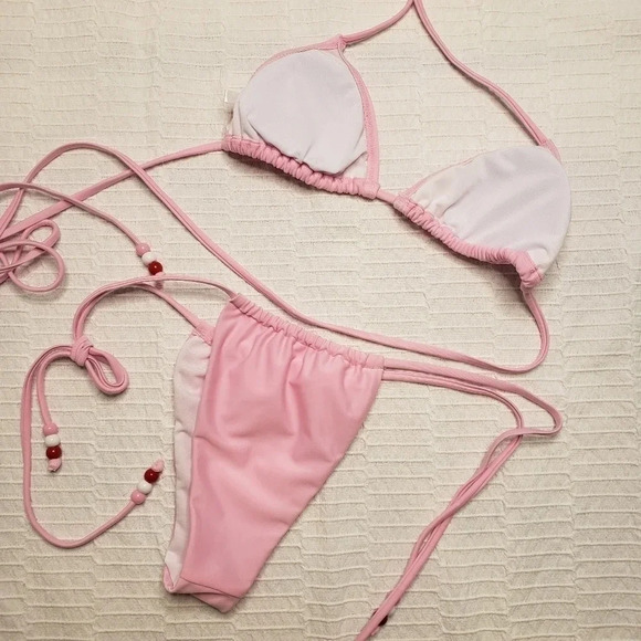 2/$25-Bikini NWOT 90S Inspired Barbiecore Beaded Bubblegum Pink Triangle Tie Up - Picture 9 of 11